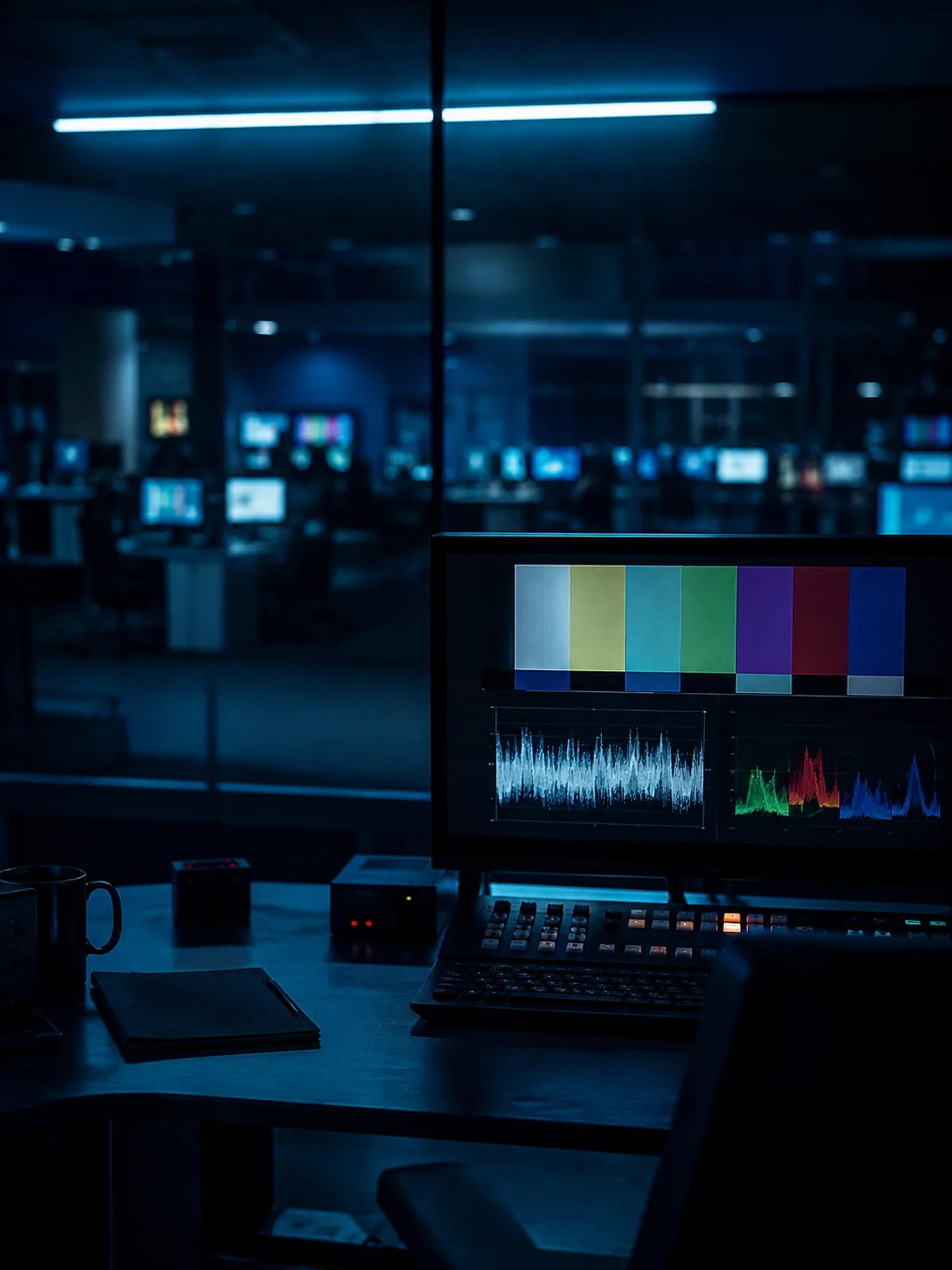 Broadcast newsroom edit suite preparing a protected interview