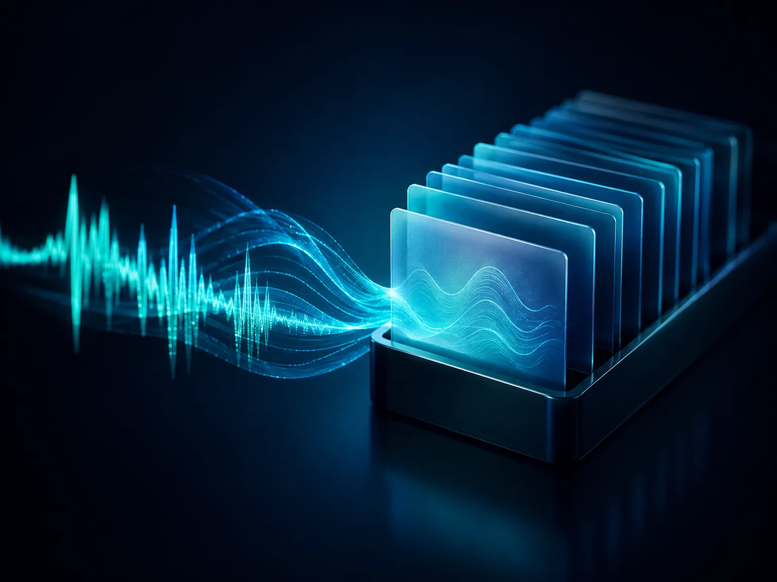 Abstract visualisation of an AI voice agent handling a sales call and updating a CRM
